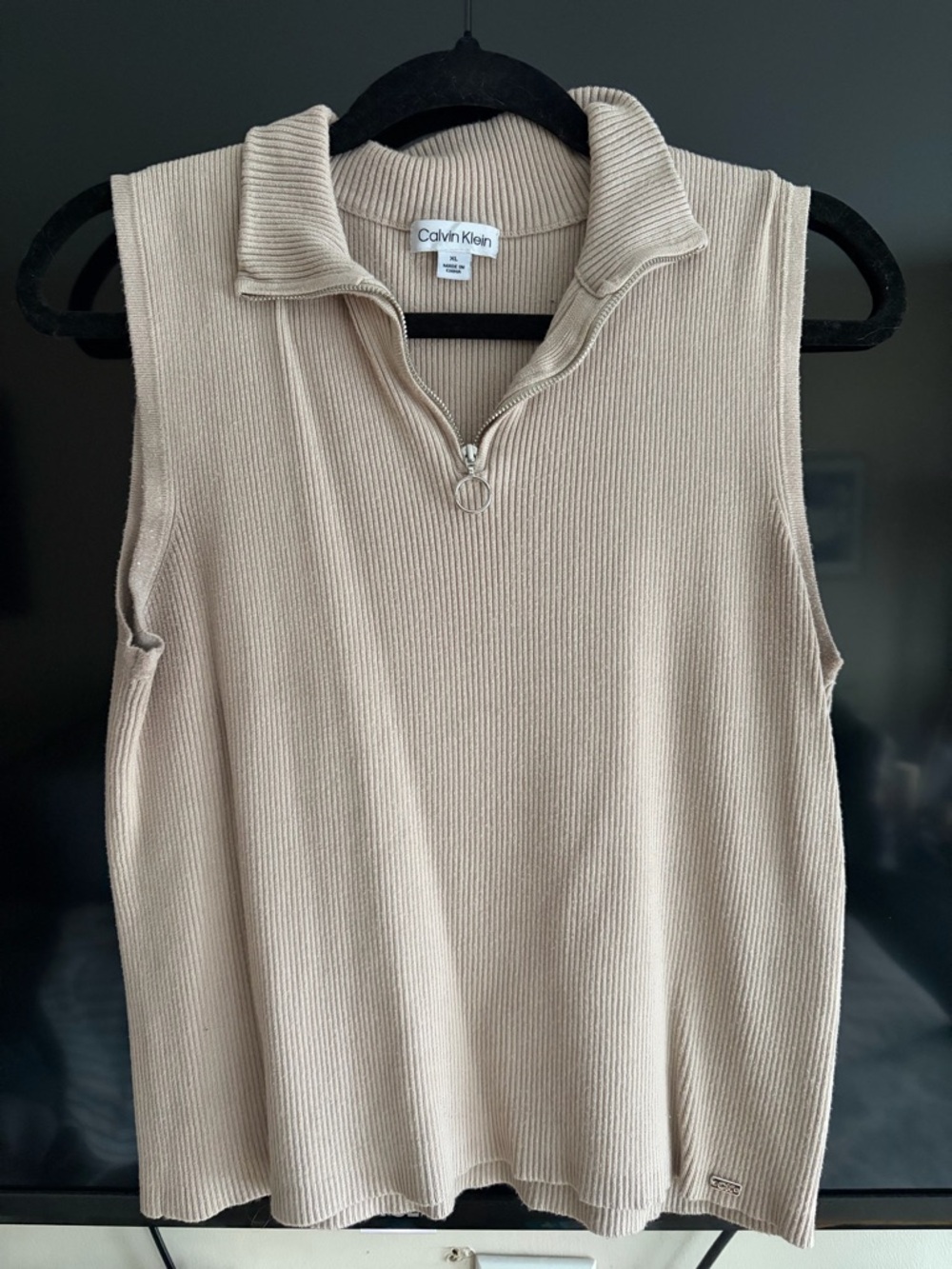 Calvin Klein Beige Ribbed Sleeveless Half-Zip Tank